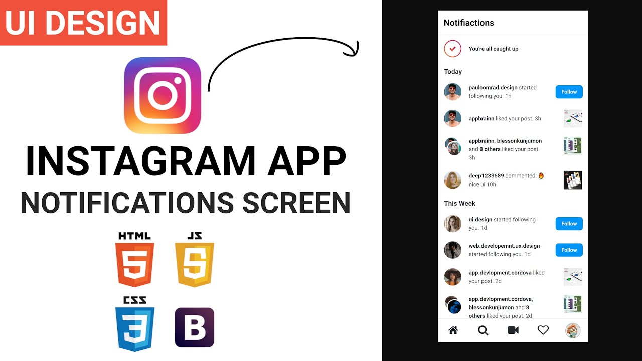 Instagram App UI Template - E04 - Notifications Screen | HTML CSS ...