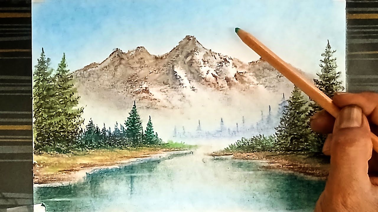 Landscape scenery drawing by soft pastels and charcoal pencils with easy.