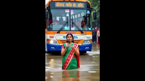 Shocking! Road Flooded by Rain, Bus Trapped in Water🌪️🙀#shorts