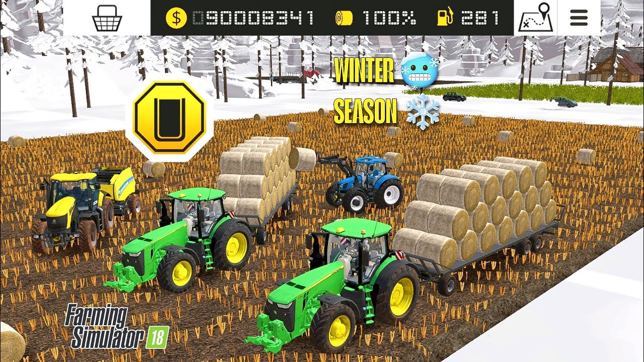 Fs 18 New Update Winter Season Collect Straw Round Bales With John Deere tractor | Fs 18 | Timelapse