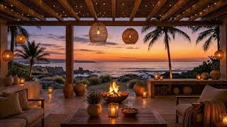 Serene Coastal Balcony at Twilight π Warm Fireplace, Soft Surf & Evening Ocean Ambience