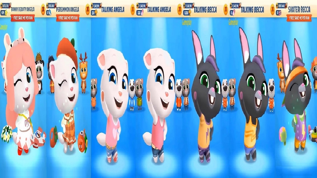 Talking Tom Gold Run Bunny Beauty Angela VS PERSIMMON ANGELA VS Skater Becca VS Old VS New outfit