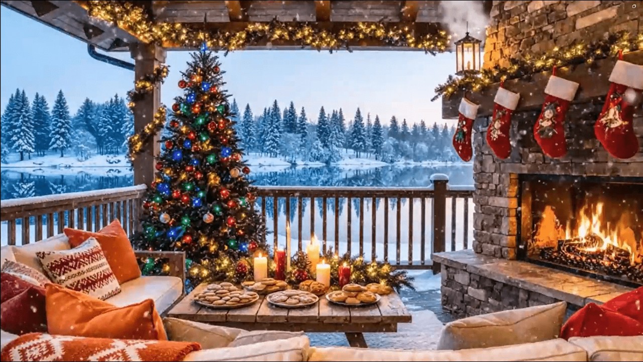 Warm Cabin Christmas Jazz 🎅 Snowfall, Firelight Glow & Peaceful Holiday Ambience for Sleep & Relax