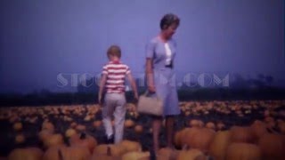 1967: Mother son at farmstand ripe pumpkin vegetable patch.  PALMDALE, CALIFORNIA