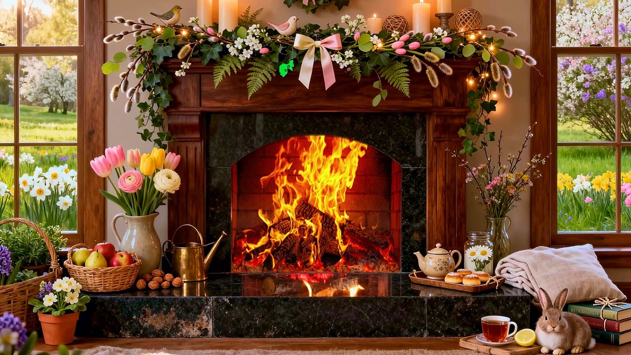 Relaxing Spring Fireplace beside a Blooming Garden 🔥🌸 Cozy Ambience