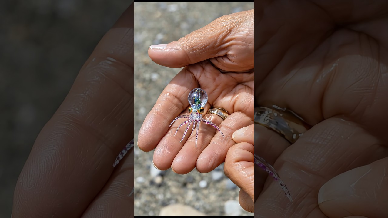 Кристаллический мини-кальмар очаровательно поедает крошечную креветку