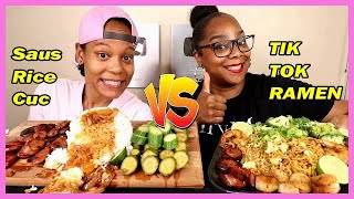 VIRAL Tik Tok Ramen VS Sausage Rice Cucumber MUKBANG!