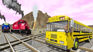 Truck Rescue Bus Cars and Trains - Cars Crosses Road - BeamNG.Drive