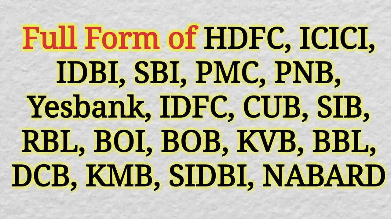 Full form of HDFC, ICICI, IDBI, SBI, RBI, Yesbank | full form gk | bank ...