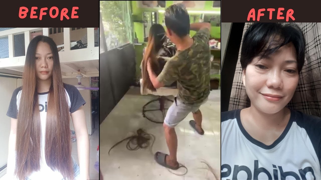 Pretty girl very long hair cut short in barbershop #haircut #ladieshaircut #pixiecut #longtoshort