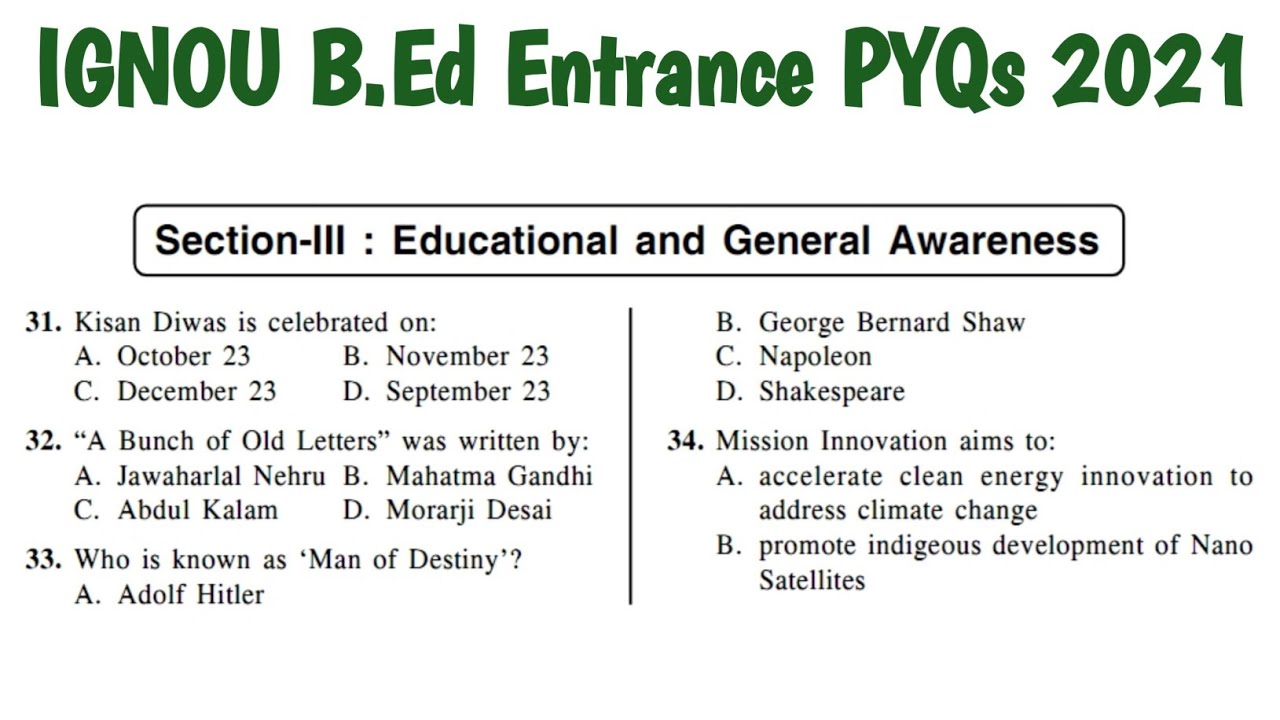 IGNOU B.Ed Entrance Test PYQ 2021 | Educational and General Awareness