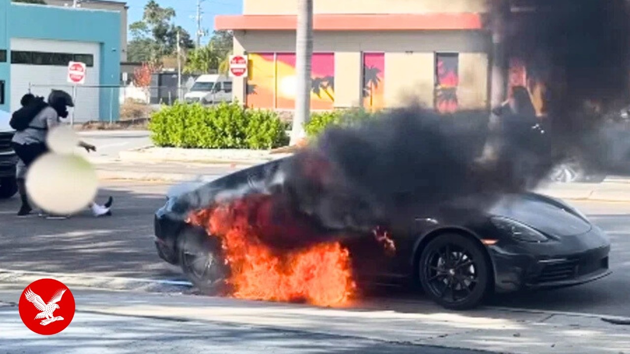 Huge blaze destroys Porsche in Florida as man is dragged to safety