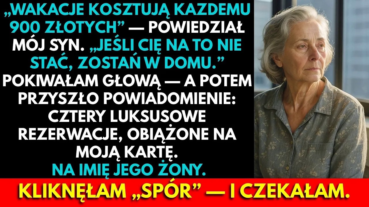 Miałam właśnie wyłączyć światło w kuchni, kiedy telefon zadzwonił. Czat grupowy. Janek wrzucił zdjęcie willi w Sopocie i napisał jedno zdanie: „Wakacje kosztują dziewięćset złotych od osoby. Jeśli...