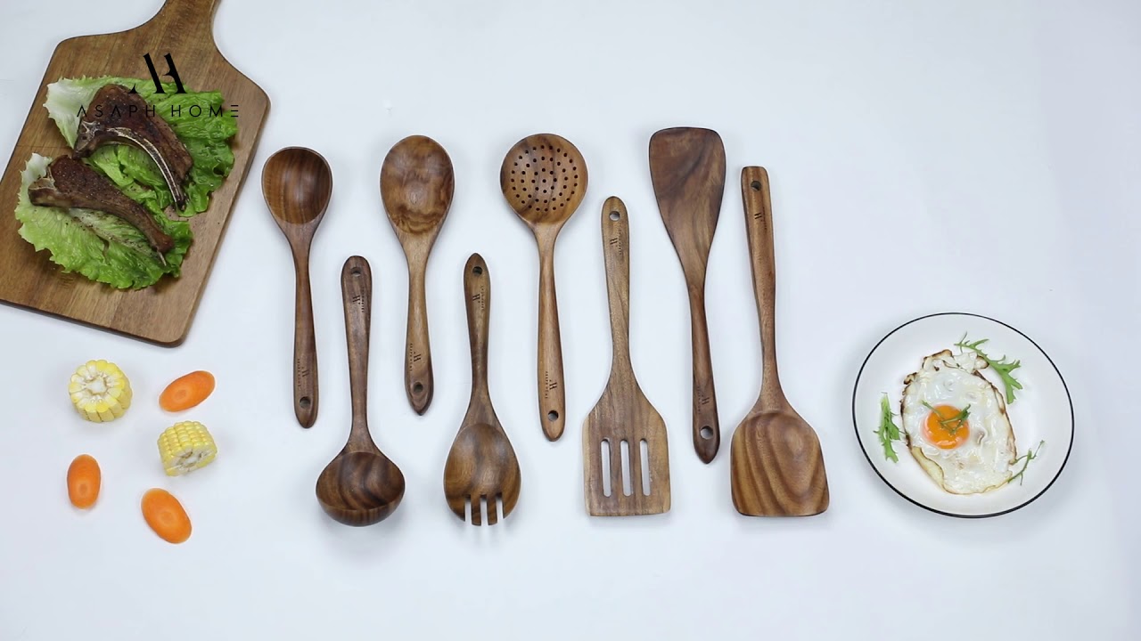 Asaph Home 8-Pieces Organic Teak Wood Cooking Utensil Set - YouTube
