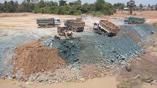 Excellent Work Operator Bulldozer KOMATSU D60P, Dump Truck Filling Up Huge New Project Pond