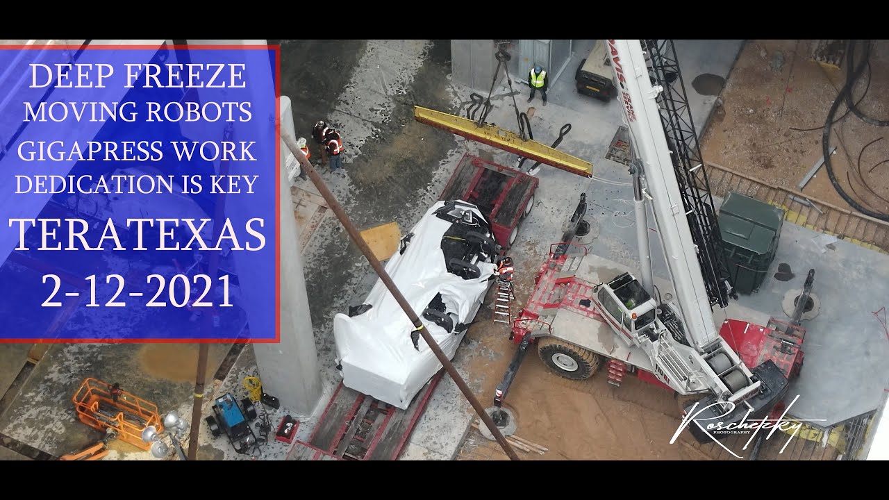 Tesla Giga Texas Deep Freeze - Fly Inside - Moving Robots - GigaPress Covered - GigaTexas TeraTexas