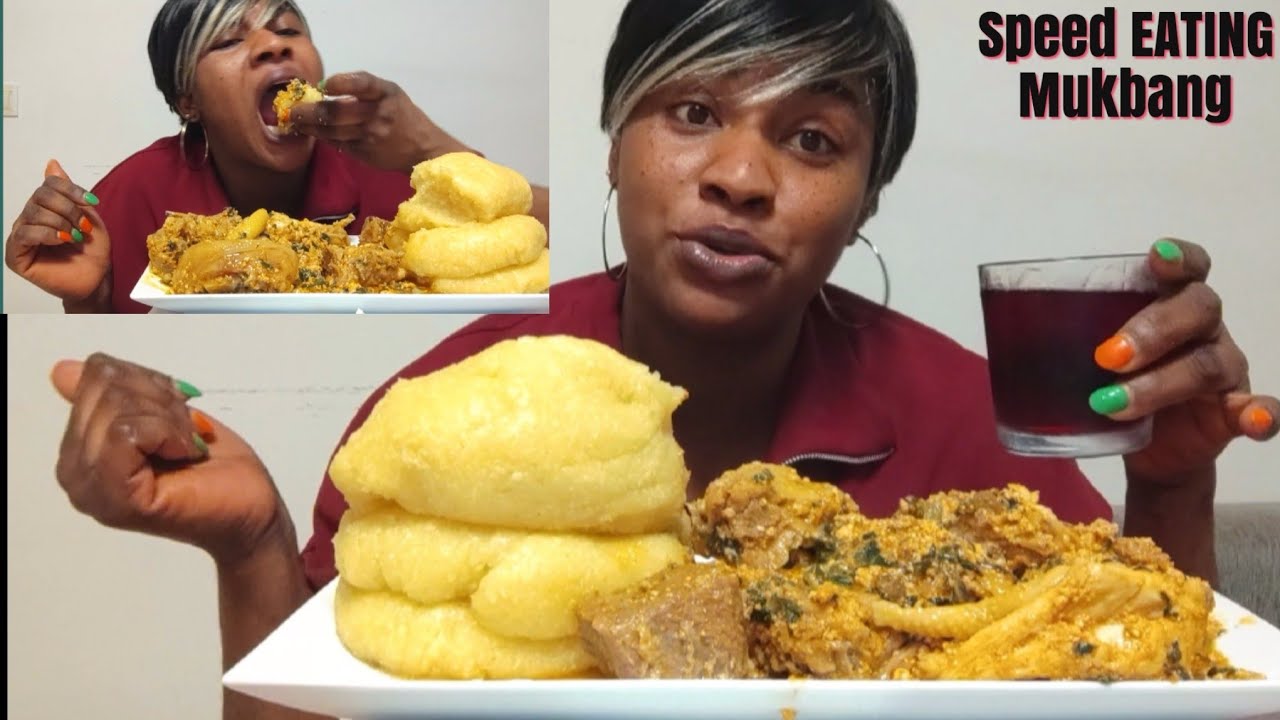 PUMPKIN SEEDS EGUSI SOUP YELLOW FUFU 😋 RED WINE MUKBANG SPEED EATING