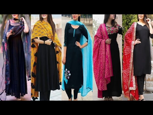 Black Suit Designs ideas/Plain Black Kurta With Contrast dupatta/Punjabi Black  Suit Combination 2019 - YouTube