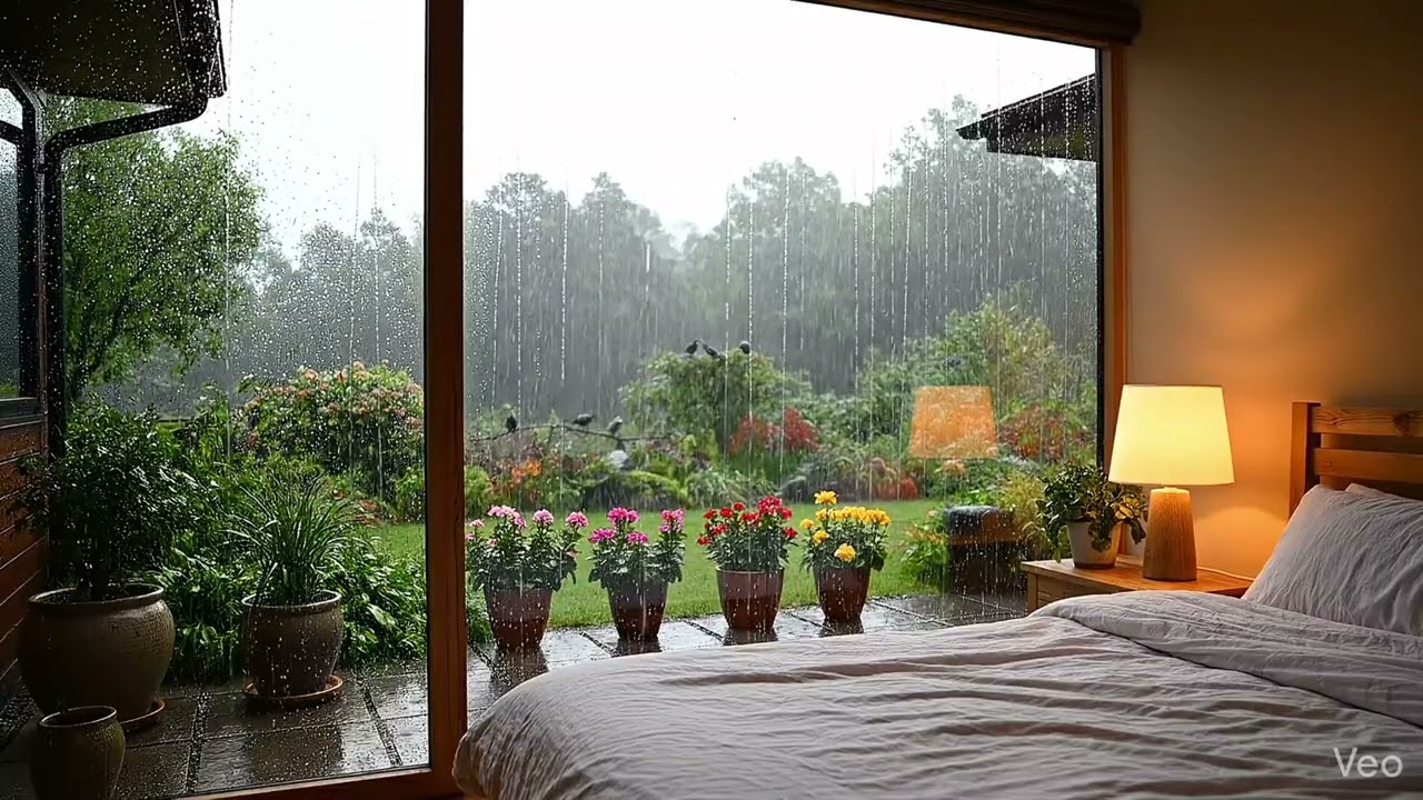 Cozy Bedroom Rain Ambience with Garden View for Deep Sleep and Relaxation