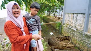 I was shocked to see a big crocodile in the river π± while buying snacks at a food stall