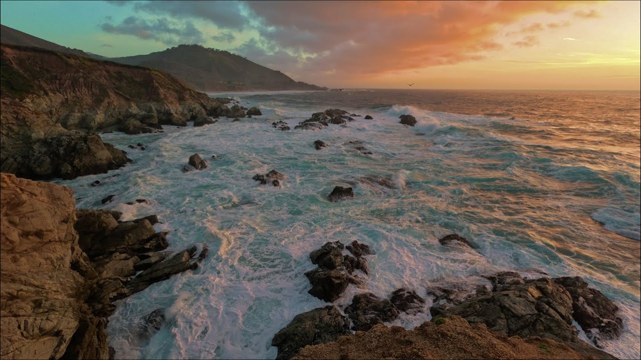 Peaceful & Calming Ocean Waves breaking onto a rocky shoreline south of Garapata Beach, Big Sur, CA.