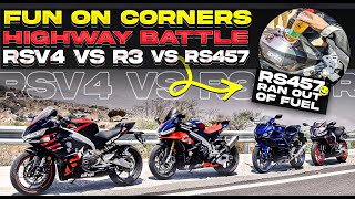 Aprilia 457 vs R3 vs RSV4 | Fun on corners and Highway battle | Penukonda Fort