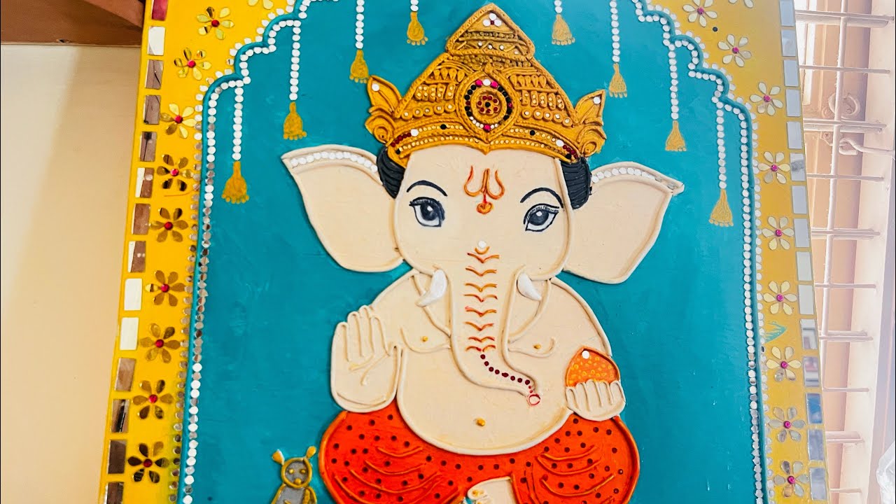 ganesha chathurthi special painting and mirror work with lippan art| Ganesh ji decoration ideas #yt