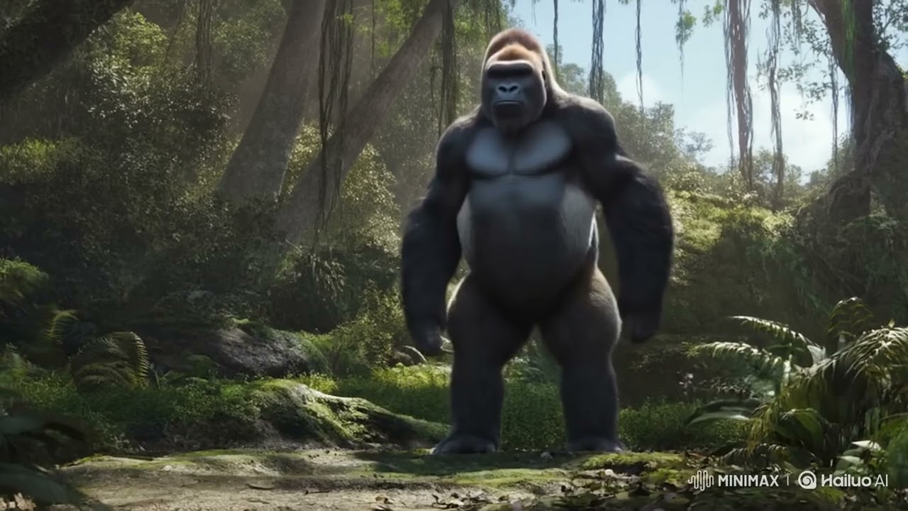 a gorilla beating its chest and jumping up and down
