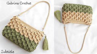 How To Crochet Crocodile Stitch Bag - Tas Rajut Motif Sisik Desain Terbaru (Subtitle)