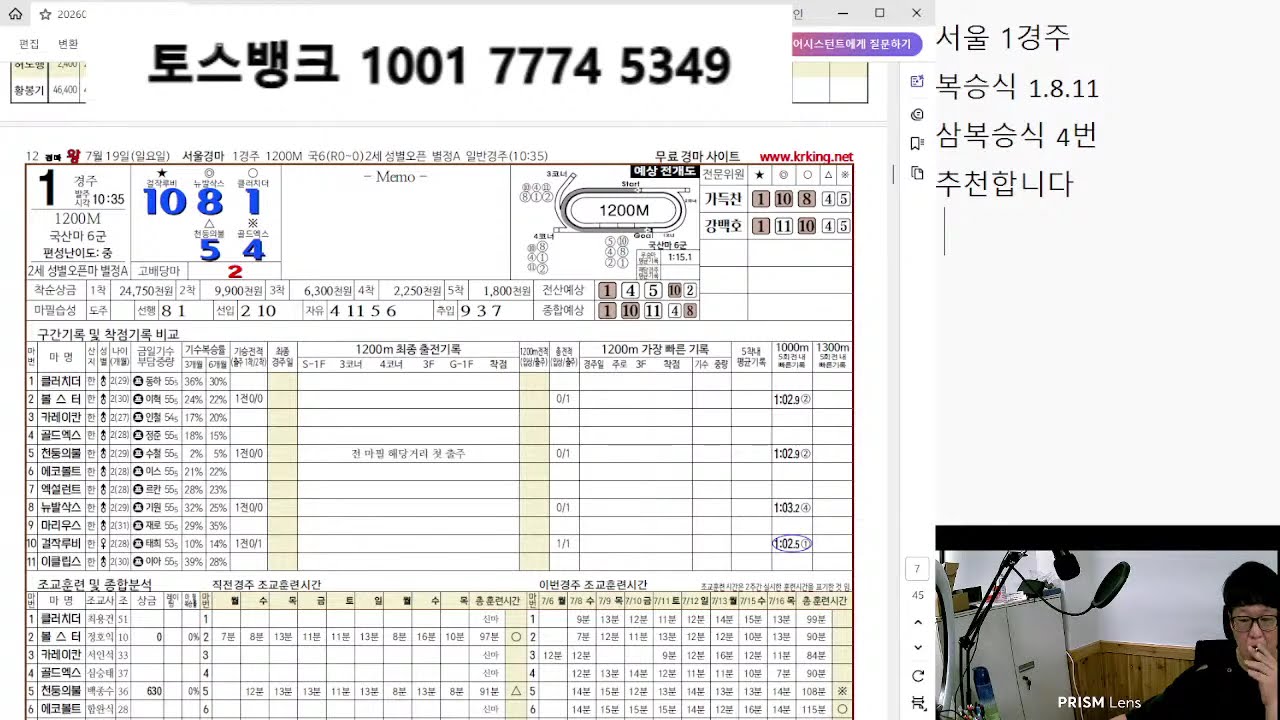 7월 19일 일요일 서울 부산  경마 예상 분석방송 고배당 적중적중 가즈아~~~