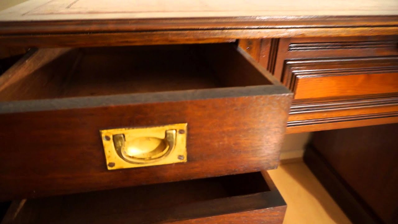 Antique Twin Pedestal Writing Desk Red Leather Top & Antique Oak Captains Chair