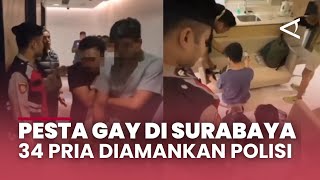 Police arrested 34 men during a raid on a gay party at a Surabaya hotel.