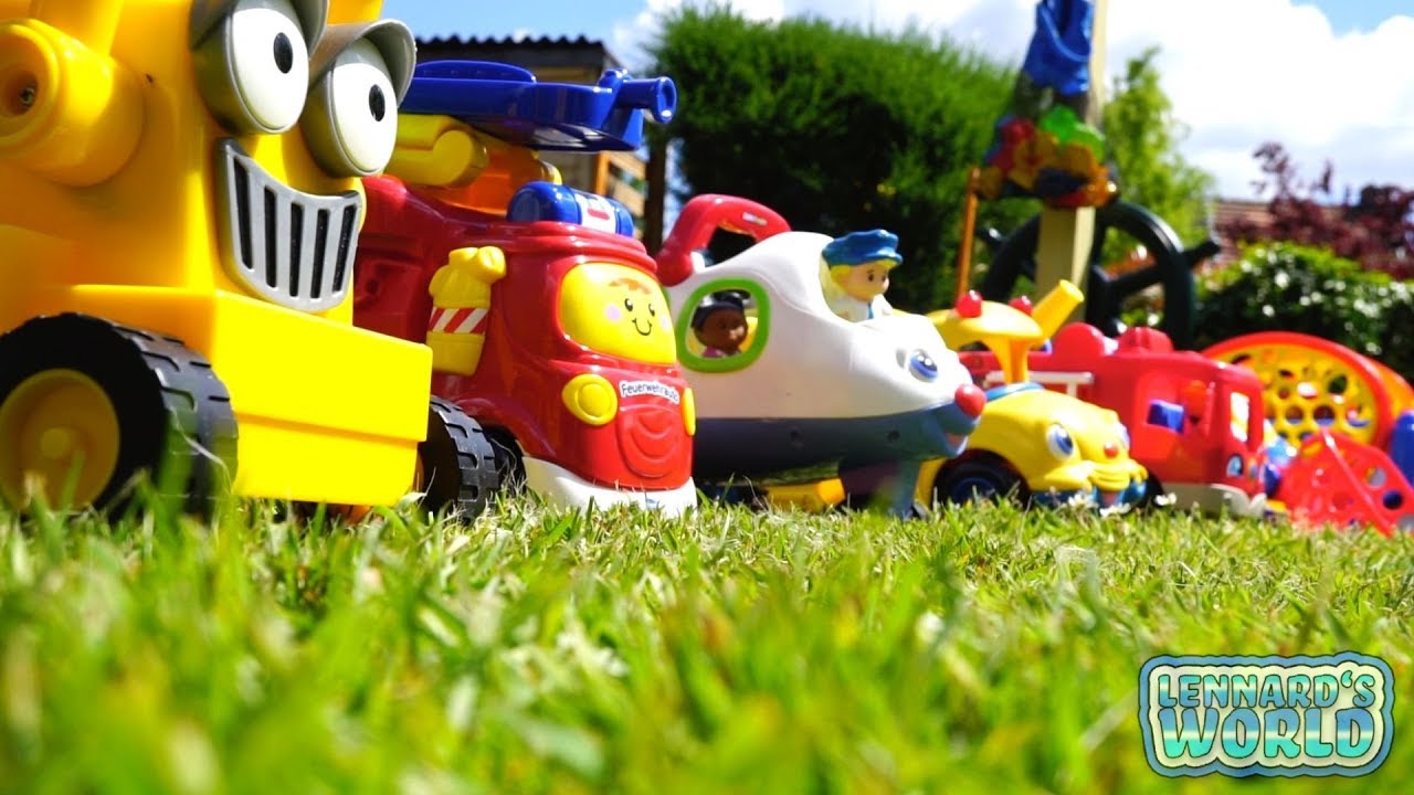 Huge Toy Vehicles with EYES and Sound are Moved in the Garden