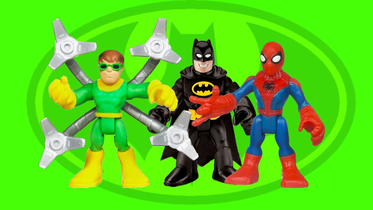 Spiderman vs Doc Ock saves Batman Imaginext batcave toys Playskool new spider man