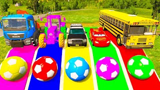 Double Flatbed Trailer Tractor rescue Bus - Long Cars vs Speed Bumps - Cars vs Train & Rail - BeamNG