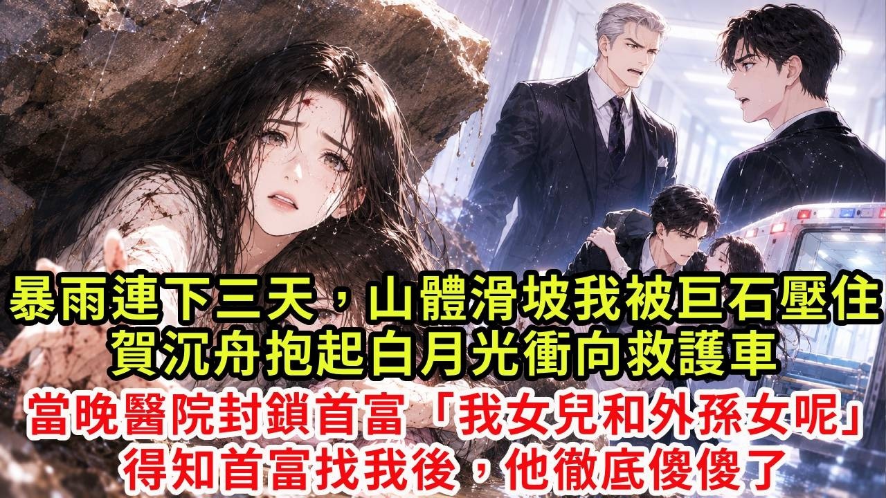 暴雨連下三天，山體滑坡我被巨石壓住，賀沉舟推開石塊抱起白月光衝向救護車，當晚醫院被封鎖首富探視：「我女兒和外孫女呢！」從護士那裡了解到首富找我後，他徹底傻傻了#復仇#情感#爽文#大女主