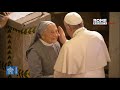 Pope warmly greets a nun and an elderly priest during a meeting in Morocco