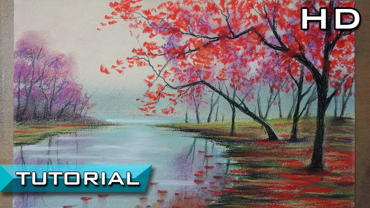 Cómo Dibujar un Paisaje de Árboles rojos y un río al Pastel Paso a Paso -  Tutorial - YouTube