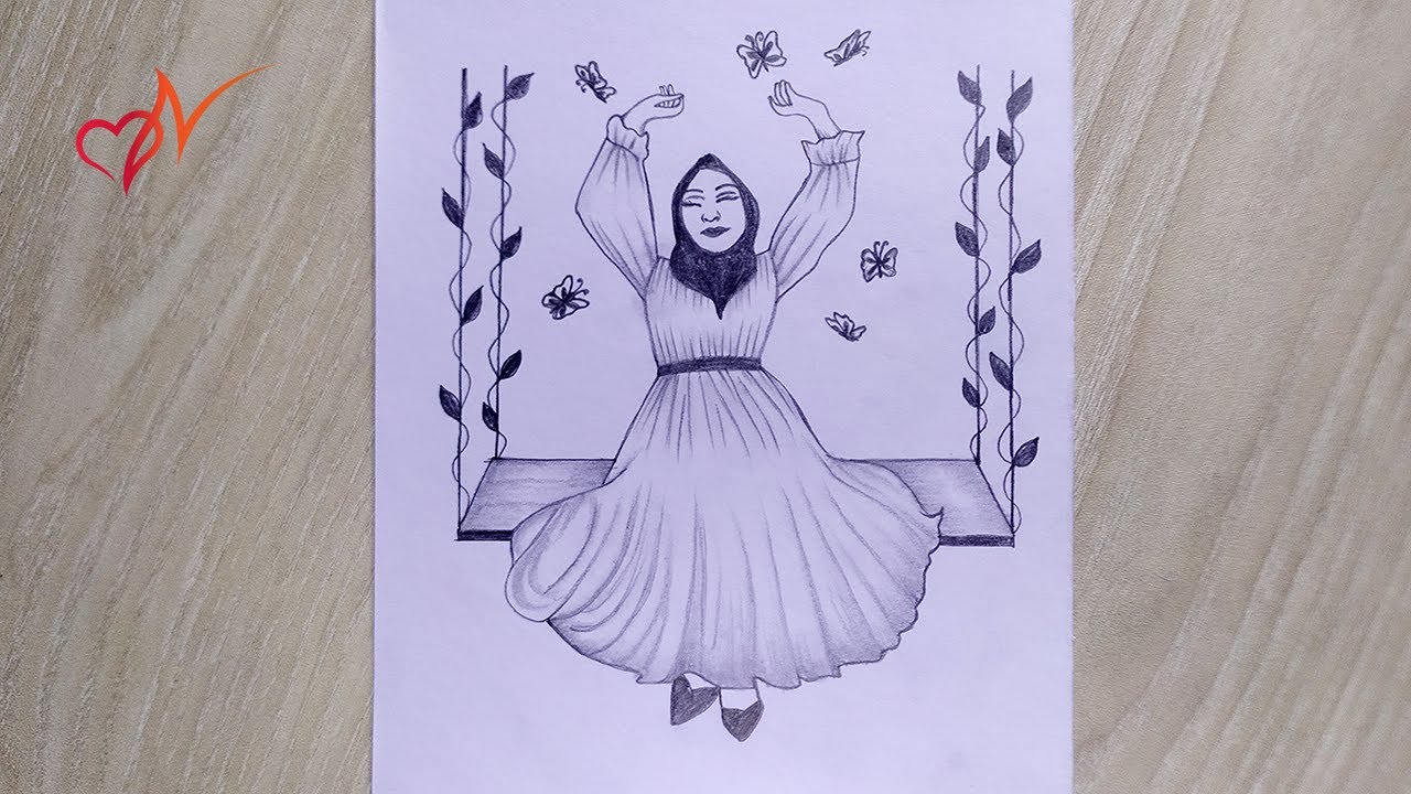 How to draw a girl sitting on a swing Easy drawing for girls Step