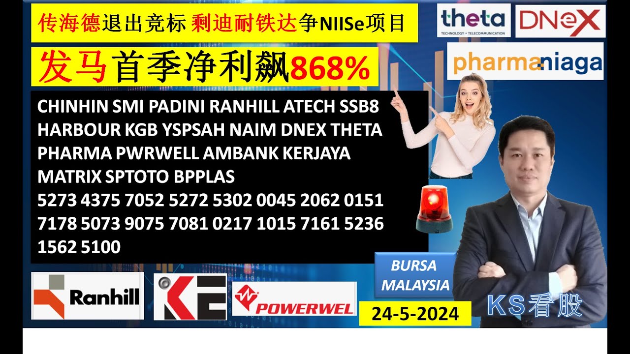 KS看股 - 马股 KLSE BURSA 分享 - 23-5-2024 💥马来亚糖厂首季净赚4171万💥森那美第三季净利涨41.7%💥AJI GREATEC YSPSAH TENAGA PIE