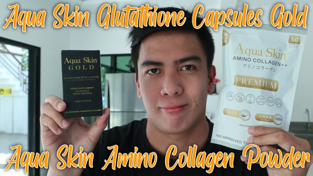 Aqua Skin Glutathione Capsules Gold & Aqua Skin Amino Collagen Powder  Review || Myhron Baquillas