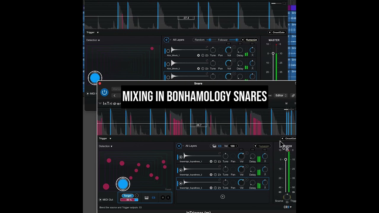 Using the new InTrigger plug-in from Waves to combine our Bonhamology kick and snares with Clyde’s.