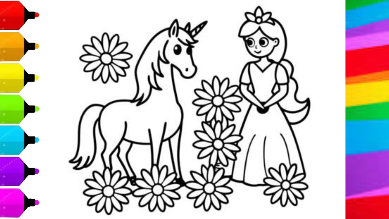 Раскраска «Принцесса и единорог» для детей | Волшебная раскраска с цветами для детей