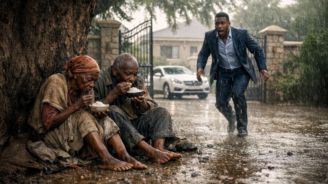 Un milliardaire rentre sous l’orage et reste figé en voyant ses vieux parents manger sous la pluie