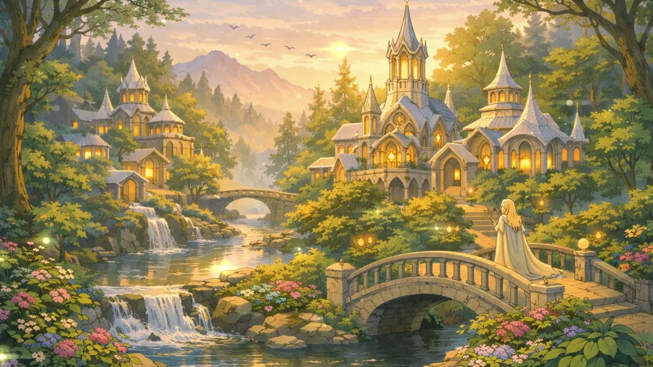 Serene Elven Village Escape | Magical Waterfalls & Bridges