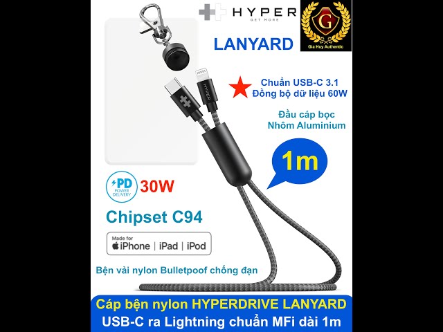 Cáp bện nylon chống đạn USB-C ra Lightning HYPERDRIVE LANYARD MFi (chipset C94) dài 1m