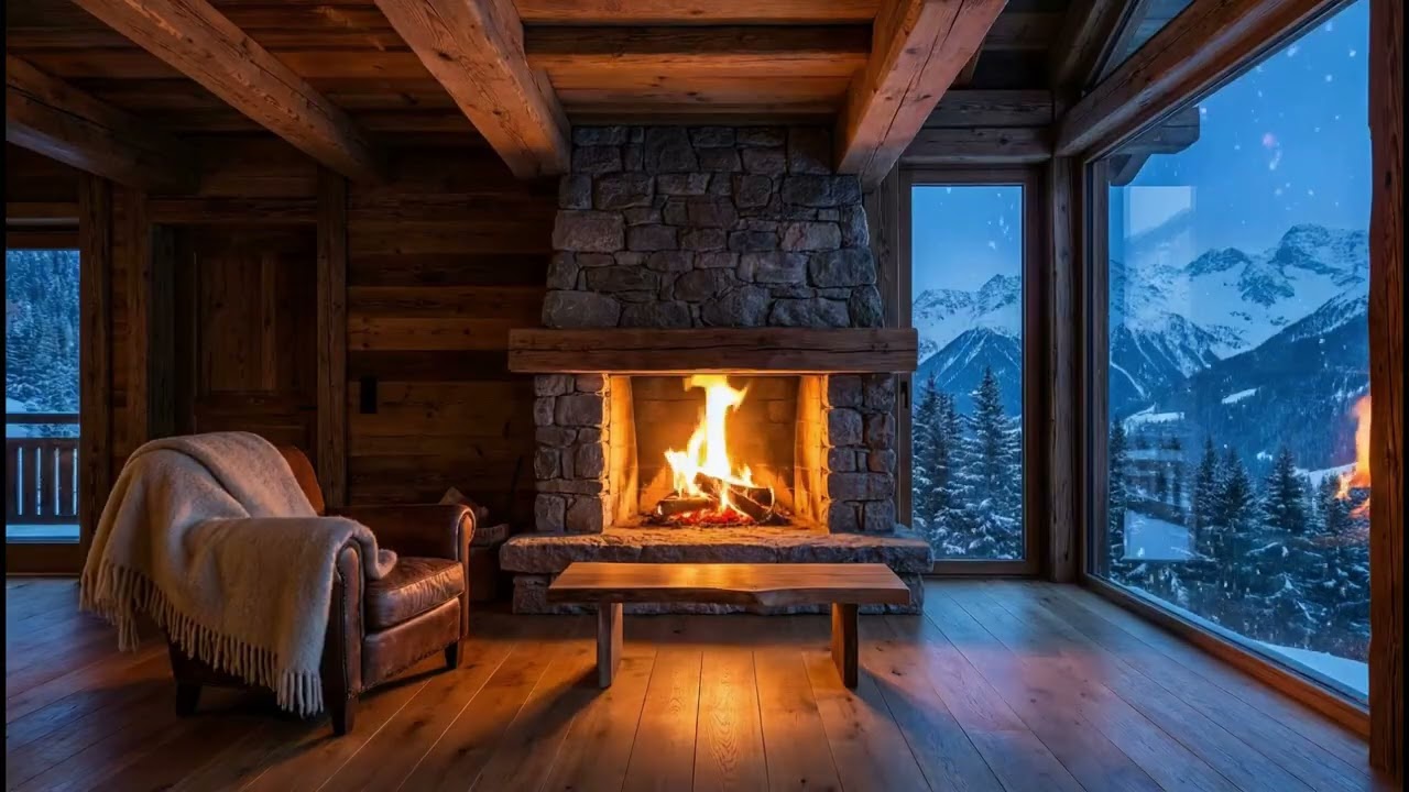 Cozy Fireplace in a Mountain Cabin | Winter Night Ambience with Crackling Fire Sounds
