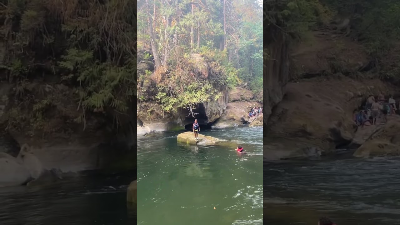Jumping off the giant rock at the Green River gorge resort 