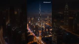 A futuristic city at night at dubai, neon lights, drone shot”