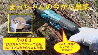 その８１【丸太をレシプロソーで切断】鉄パイプの台を作りました